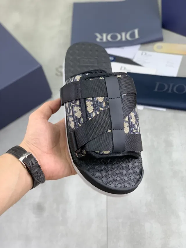 Dior B27 Black Beige Slide Sandals Elastic Strap Construction Slippers 6