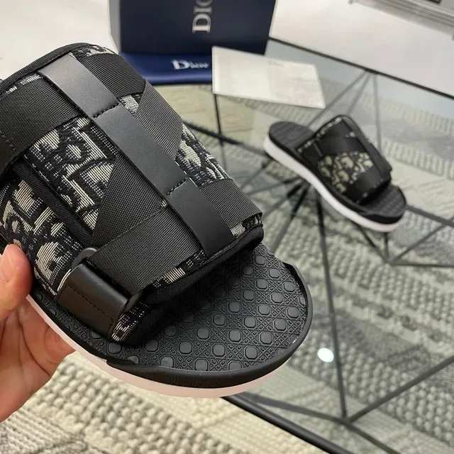 Dior أسود بيج Oblique Monogram قماش حزام مطاطي مزدوج نعال 4