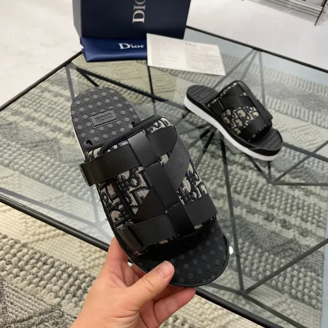 Dior أسود بيج Oblique Monogram قماش حزام مطاطي مزدوج نعال 5
