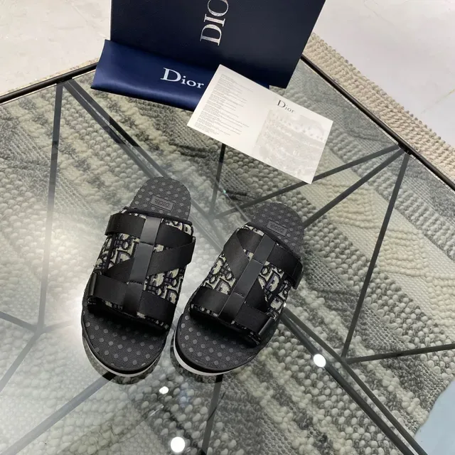 Dior أسود بيج Oblique Monogram قماش حزام مطاطي مزدوج نعال 8