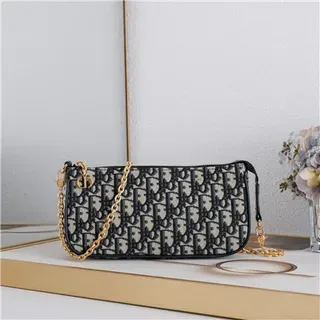 Dior Monograma Preto Dourado Lona Alça Corrente Bolsa