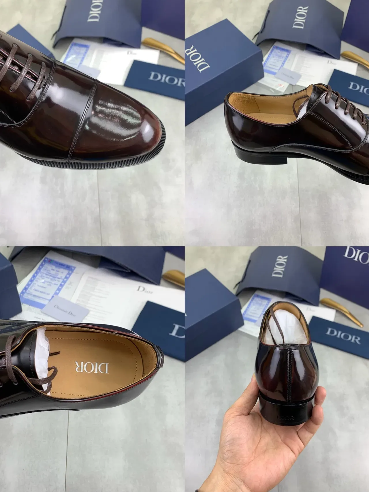 Dior बर्गंडी ब्लैक हाई शाइन पेटेंट लेदर कैप टू ऑक्सफोर्ड जूते 2