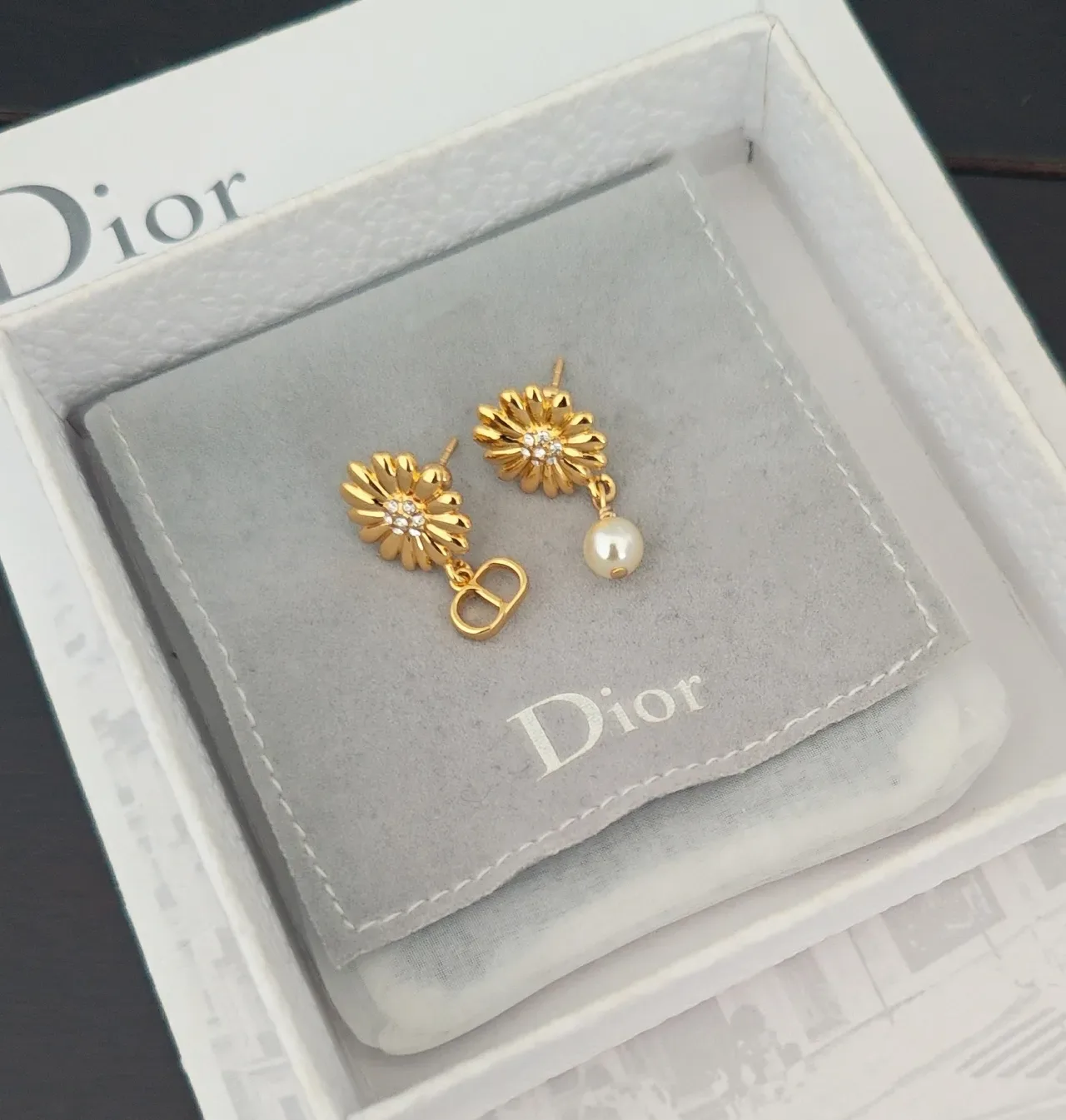 Dior Daisy Asymmetrical Floral Pearl Drop Earrings 2