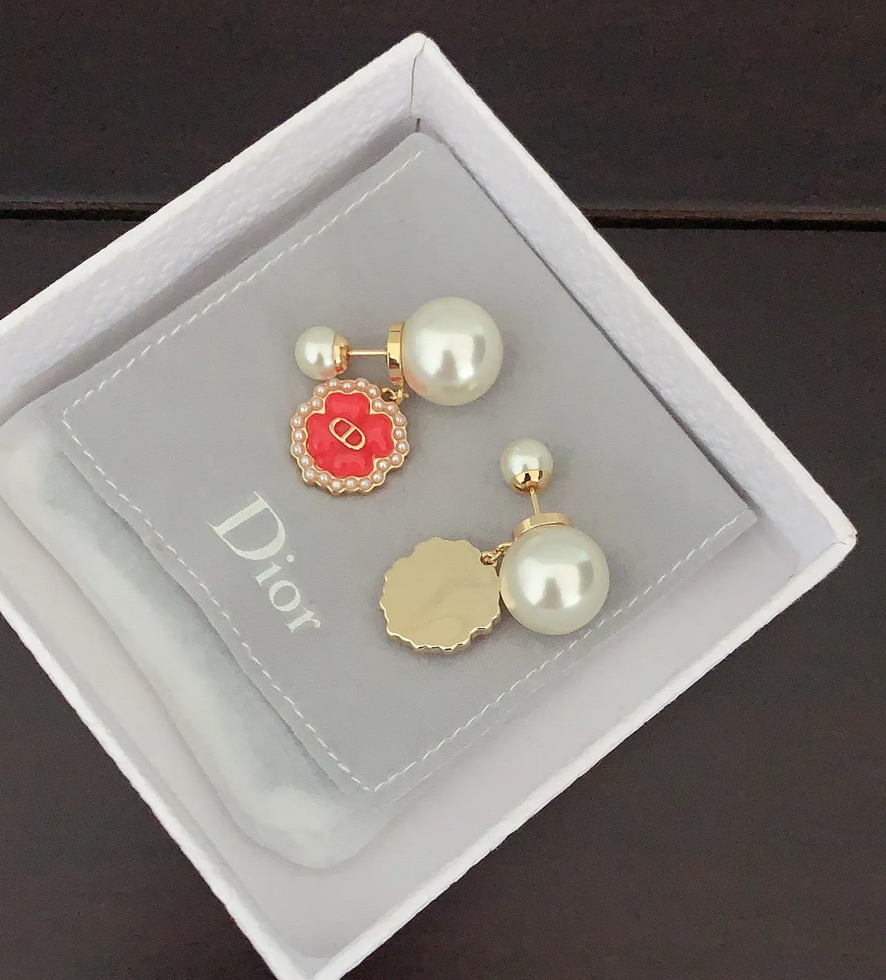 Dior Floral Pearl-Trimmed Red Enamel Earrings 2