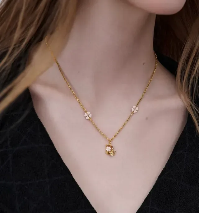 Dior Gold Pink Chain Enamel Floral Charms Necklace 2