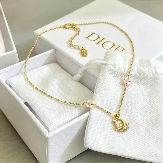 Dior Gold Pink Chain Enamel Floral Charms Necklace 5