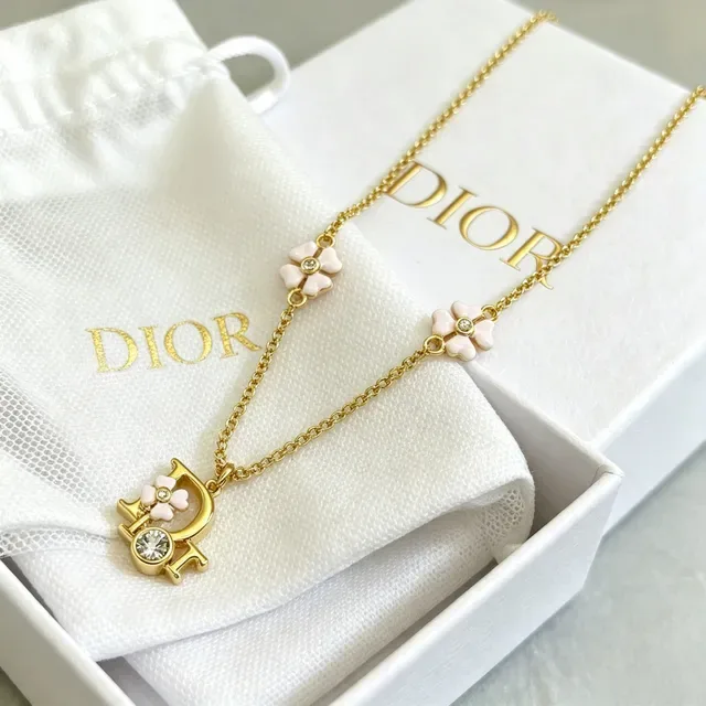 Dior Gold Pink Chain Enamel Floral Charms Necklace 6