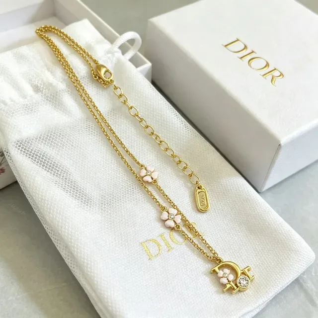 Dior Gold Pink Chain Enamel Floral Charms Necklace 7