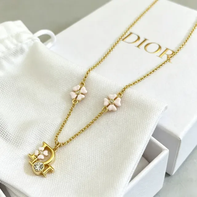 Dior Gold Pink Chain Enamel Floral Charms Necklace 8