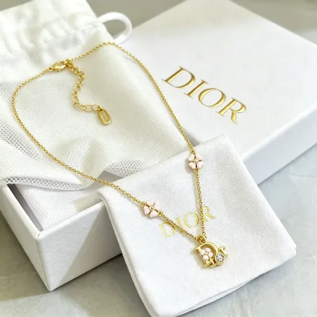 Dior Gold Pink Chain Enamel Floral Charms Necklace 9