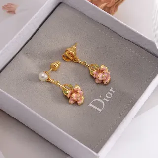 Dior Boucles d'oreilles Or Rose Floral Drop Émail Rose