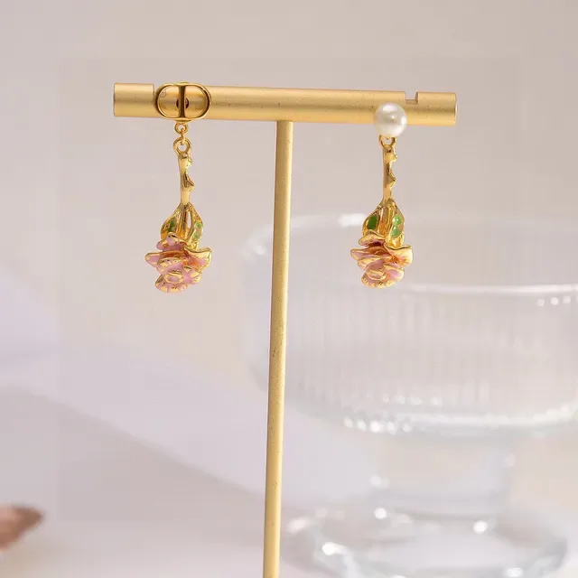 Dior أقراط ذهبية وردية زهرية قطرة مينا وردة 2