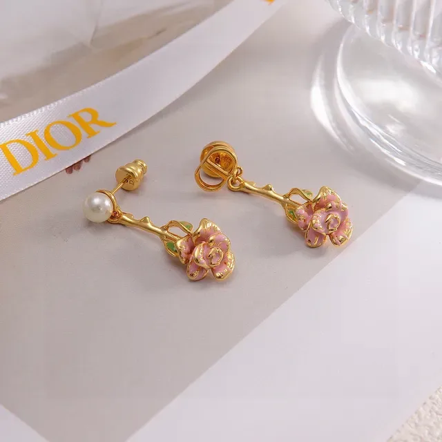 Dior أقراط ذهبية وردية زهرية قطرة مينا وردة 3