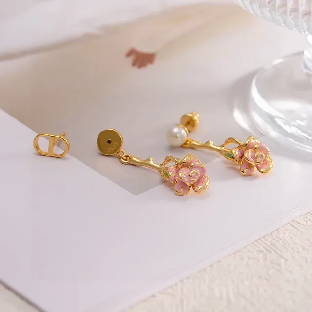 Dior أقراط ذهبية وردية زهرية قطرة مينا وردة 4