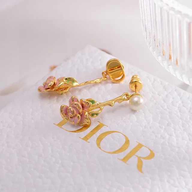 Dior أقراط ذهبية وردية زهرية قطرة مينا وردة 5