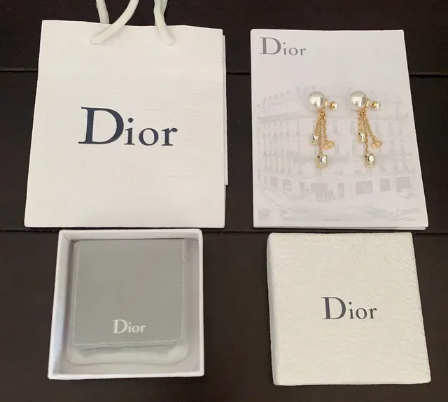 Dior Gold White Pearl Stud Chain Drop Earrings 4