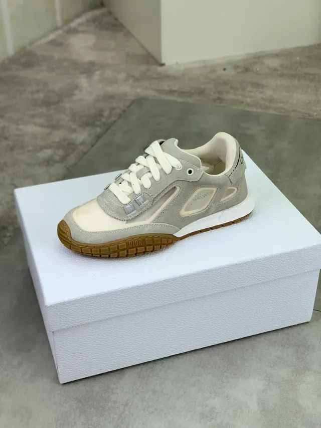 Dior Gray Beige Layered Suede And Mesh Upper Gum Rubber Outsole Lifestyle Sneakers 5