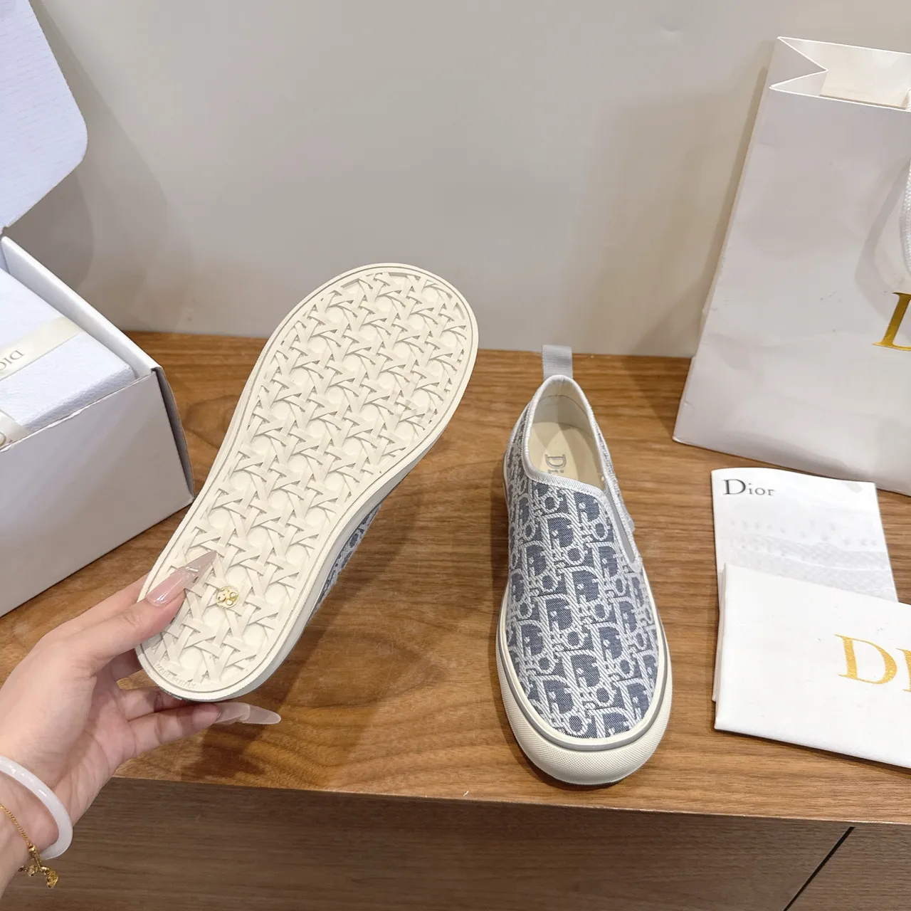 Dior Gray Blue Monogram Jacquard Upper Slip-On Construction Casual Shoes 2