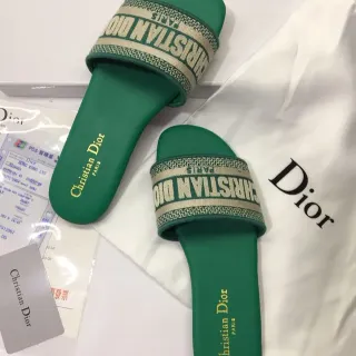 Dior हरा भूरा चौड़ी बुनी हुई लॉगो पट्टी उलटा अक्षर स्लिपर्स