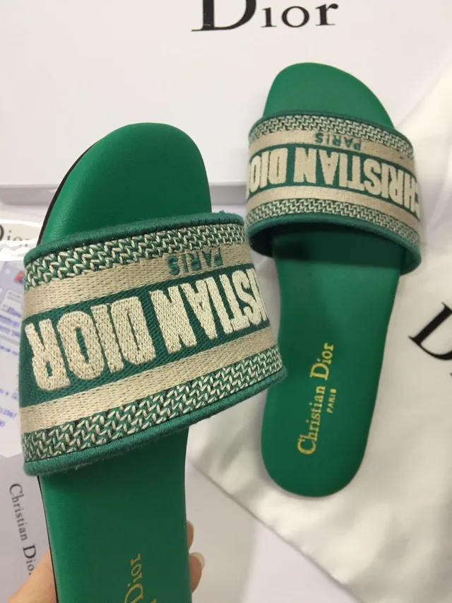 Dior Green Beige Wide Woven Logo Strap Reversed Lettering Slippers 2
