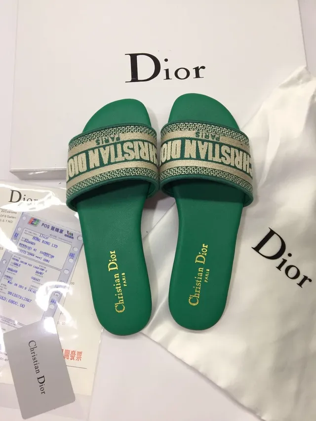 Dior Green Beige Wide Woven Logo Strap Reversed Lettering Slippers 3