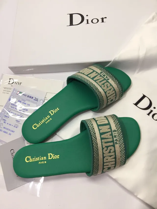 Dior Green Beige Wide Woven Logo Strap Reversed Lettering Slippers 4