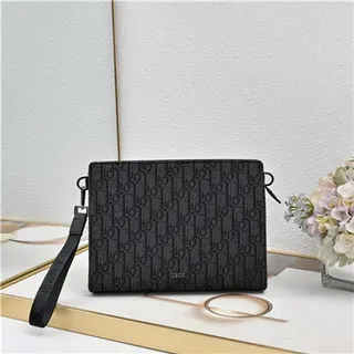 Dior Oblique Black Monogrammed Leather Structured Rectangular Silhouette Wristlet