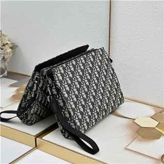 Dior Oblique Black Monogrammed Leather Structured Rectangular Silhouette Wristlet 24