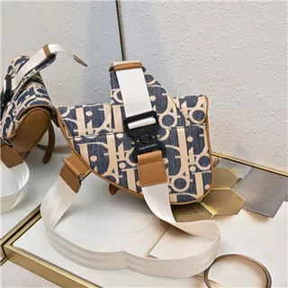 Dior Saddle Navy Beige Monogrammed Canvas Tan Leather Trim Saddle Bag 9