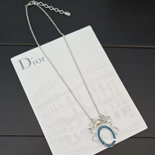 Dior Argent Bleu Chaîne Émail Ovale Pendentif Collier