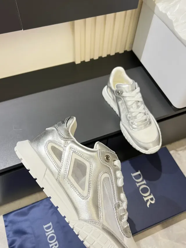Dior Silver White Metallic Synthetic Upper Rubber Sole Lifestyle Sneakers 3