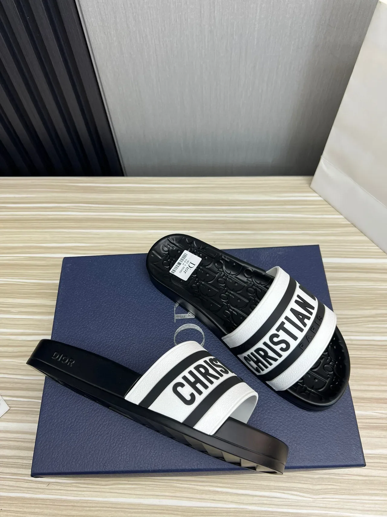 Dior Slide Sandal Black and White Logo Strap Slippers 5