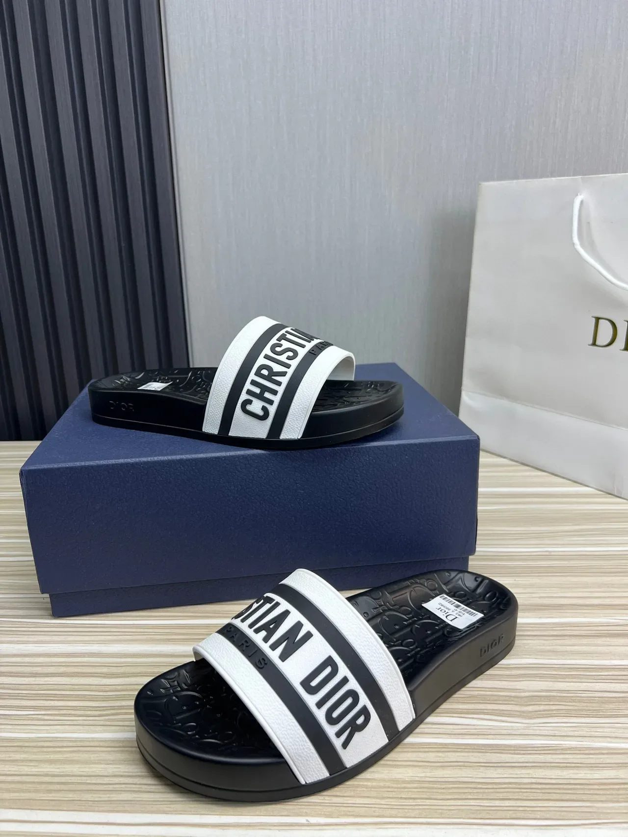 Dior Slide Sandal Black and White Logo Strap Slippers 7
