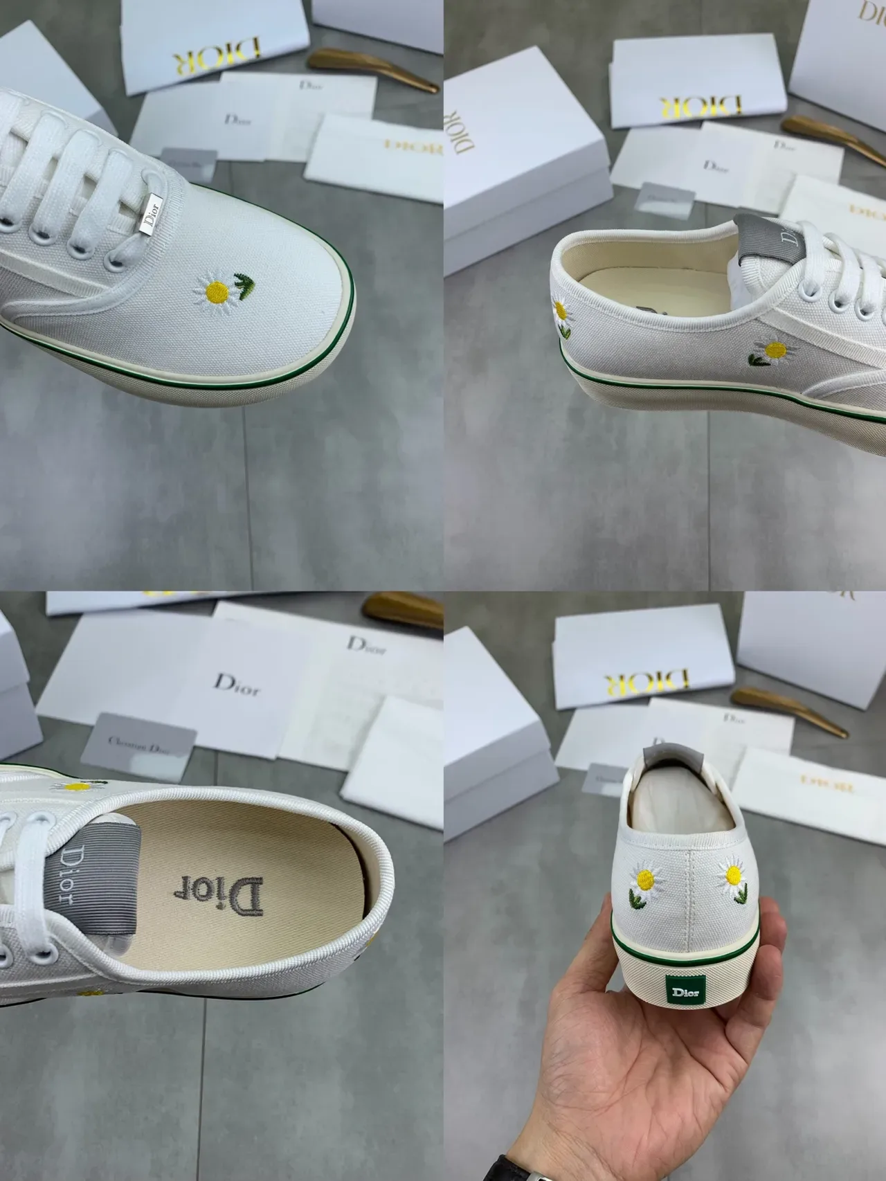 Dior zapatillas lifestyle blancas y verdes con superior de canvas bordadas con margaritas 2
