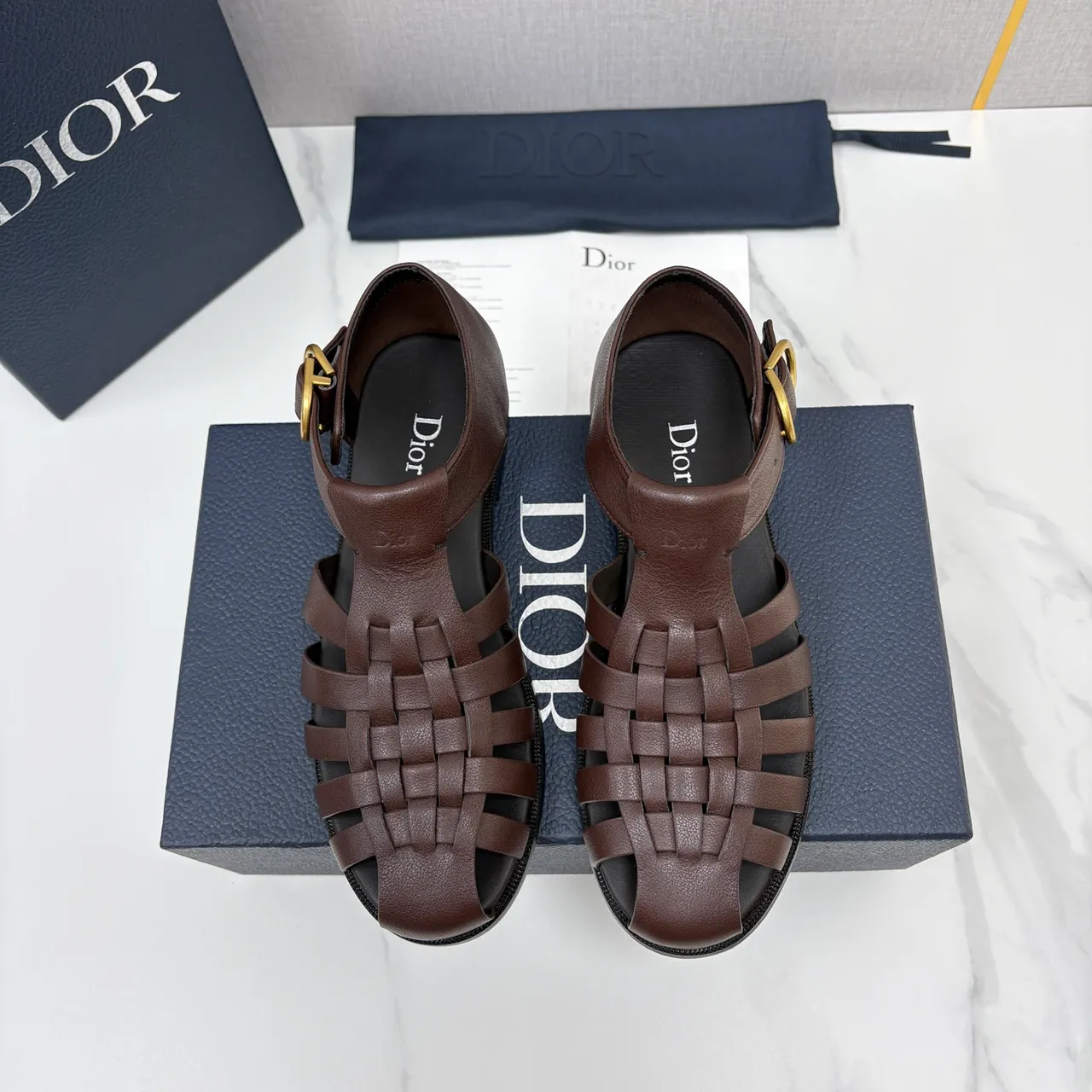 Dior جلد منسوج T-Strap صنادل جلادياتور 5