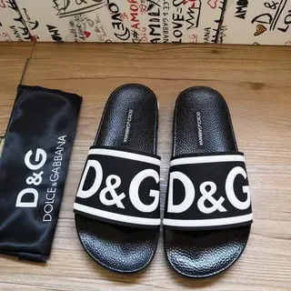 Dolce & Gabbana Noir Blanc Logo-Band Sangle Semelle en Caoutchouc Texturée Chaussons