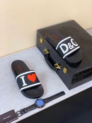 Dolce & Gabbana Logo-Print Slides Black White Strap Molded Rubber Sole Slippers 2