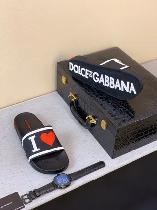 Dolce & Gabbana Logo-Print Slides Black White Strap Molded Rubber Sole Slippers 6