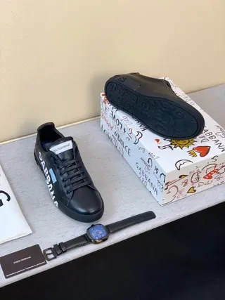 Dolce & Gabbana Portofino Tênis de Couro Preto de Estilo de Vida 2