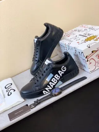 Dolce & Gabbana Portofino Tênis de Couro Preto de Estilo de Vida 3