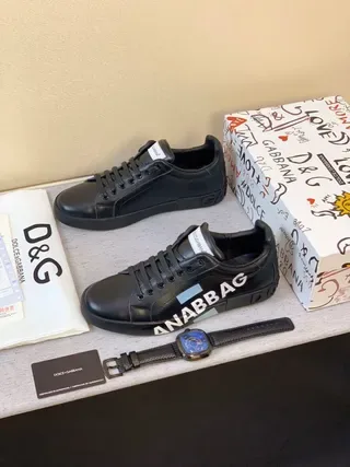 Dolce & Gabbana Portofino Tênis de Couro Preto de Estilo de Vida 5