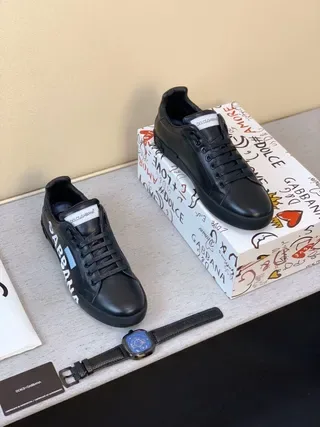 Dolce & Gabbana Portofino Tênis de Couro Preto de Estilo de Vida 9