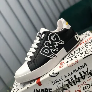 Dolce & Gabbana Portofino Preto Branco Gráfico Logo Appliqué Dois Tons Couro Superior Tênis Lifestyle