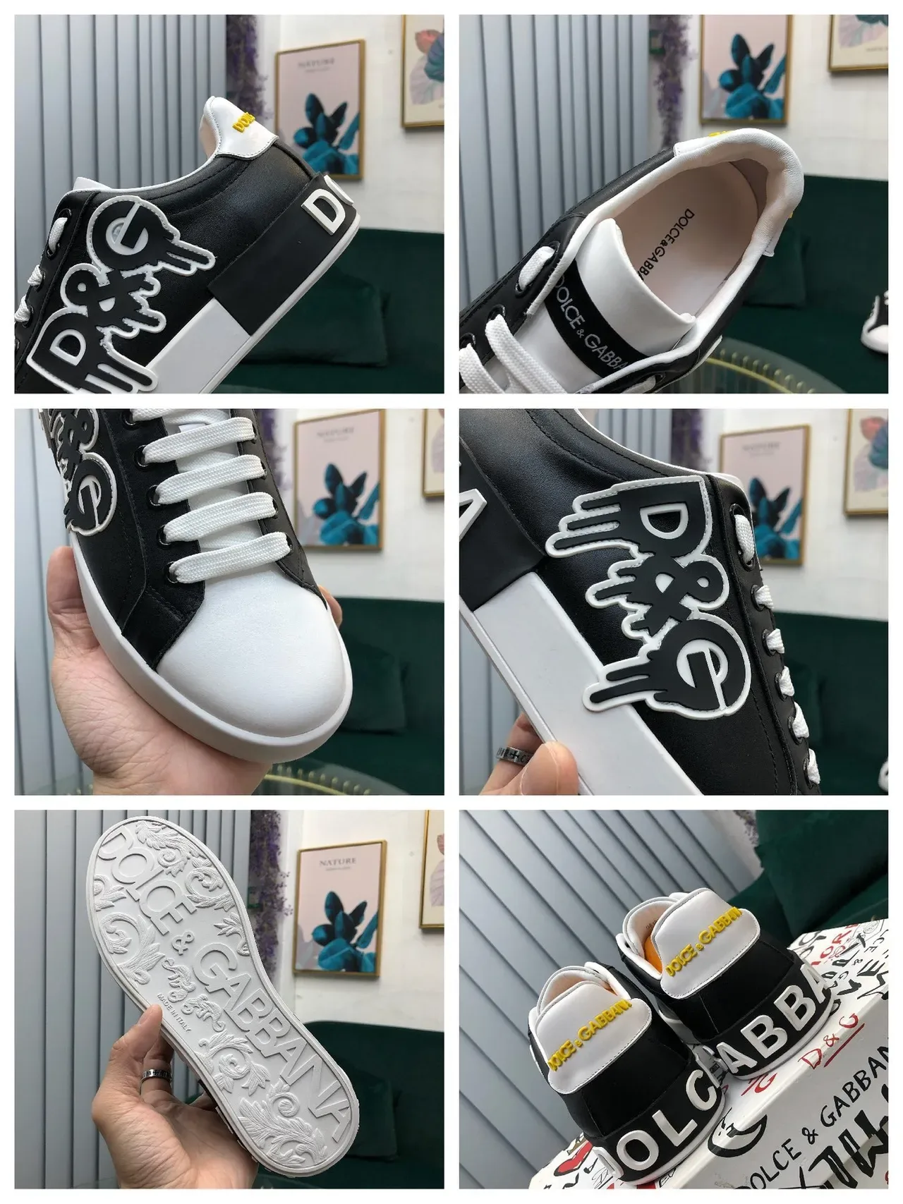 Dolce & Gabbana Portofino Black White Graphic Logo Appliqué Two-Tone Leather Upper Lifestyle Sneakers 2