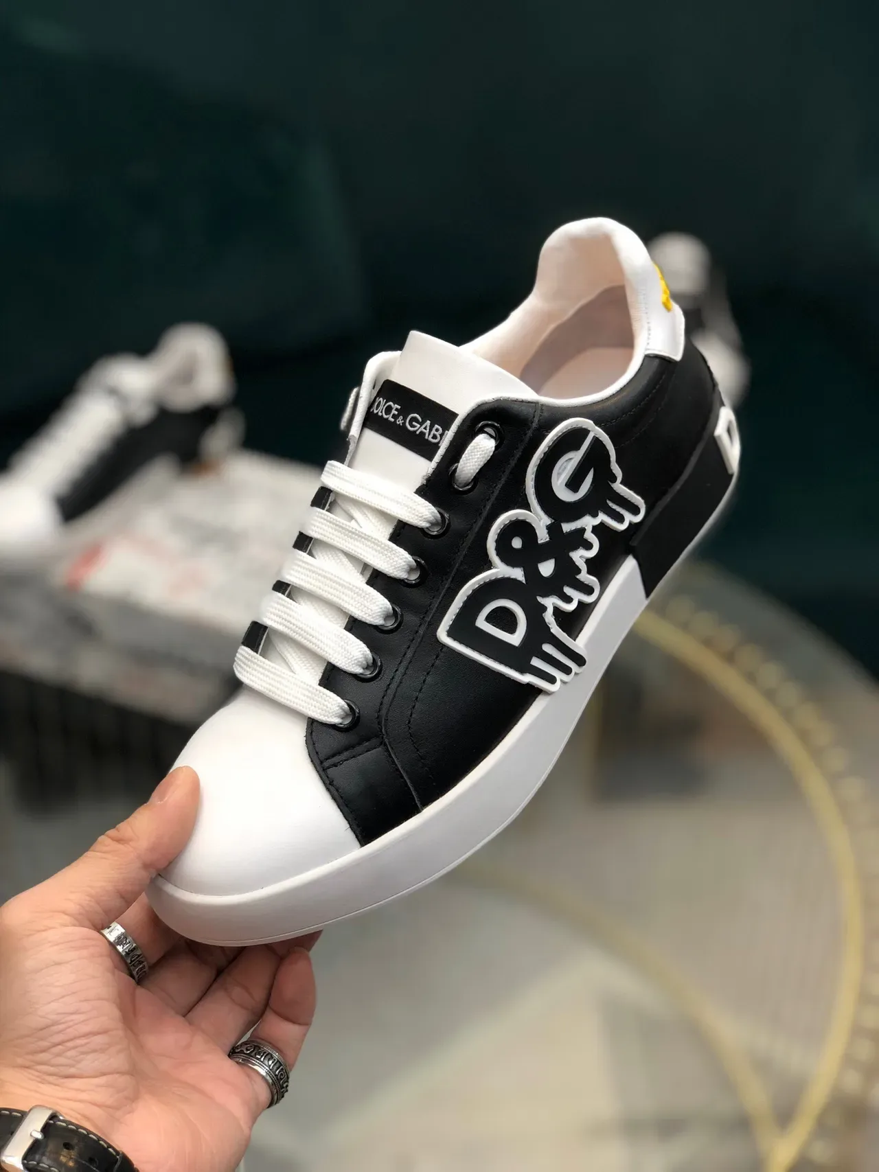 Dolce & Gabbana Portofino Black White Graphic Logo Appliqué Two-Tone Leather Upper Lifestyle Sneakers 3