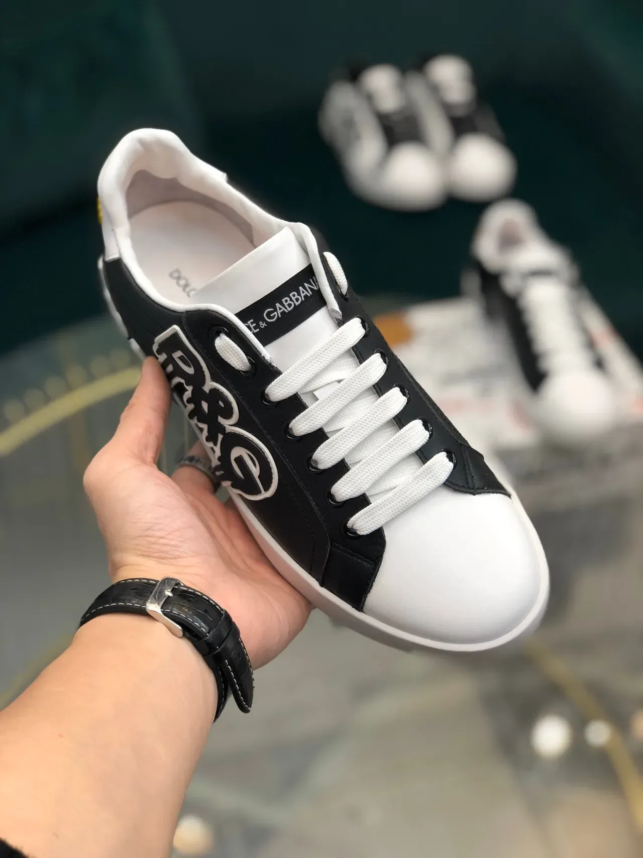 Dolce & Gabbana Portofino Black White Graphic Logo Appliqué Two-Tone Leather Upper Lifestyle Sneakers 4