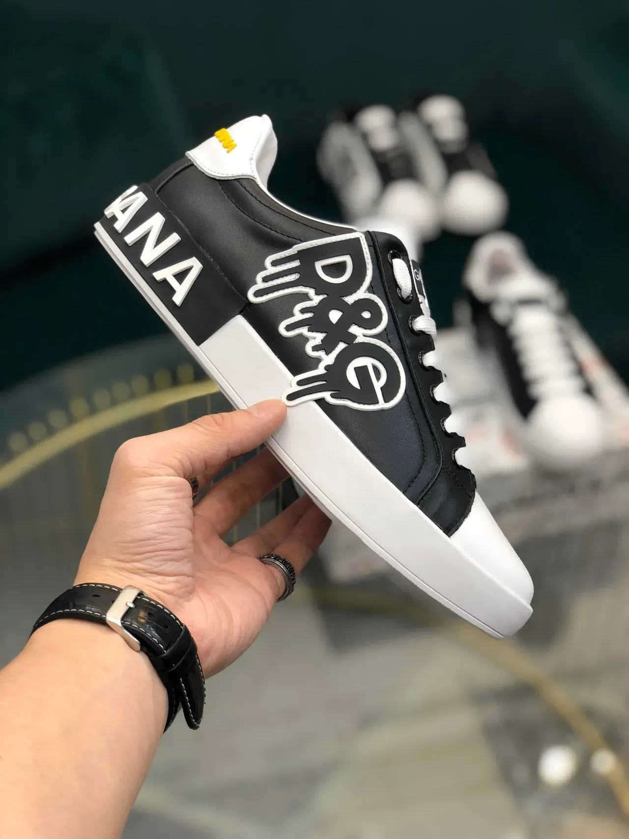 Dolce & Gabbana Portofino Black White Graphic Logo Appliqué Two-Tone Leather Upper Lifestyle Sneakers 5