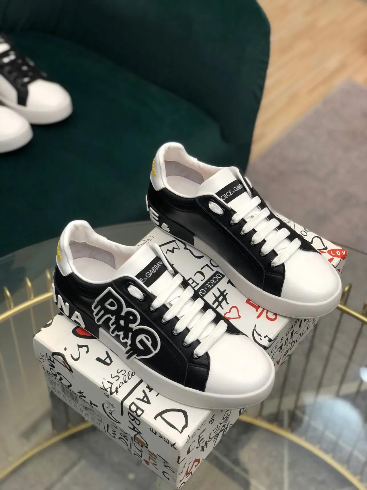 Dolce & Gabbana Portofino Black White Graphic Logo Appliqué Two-Tone Leather Upper Lifestyle Sneakers 6
