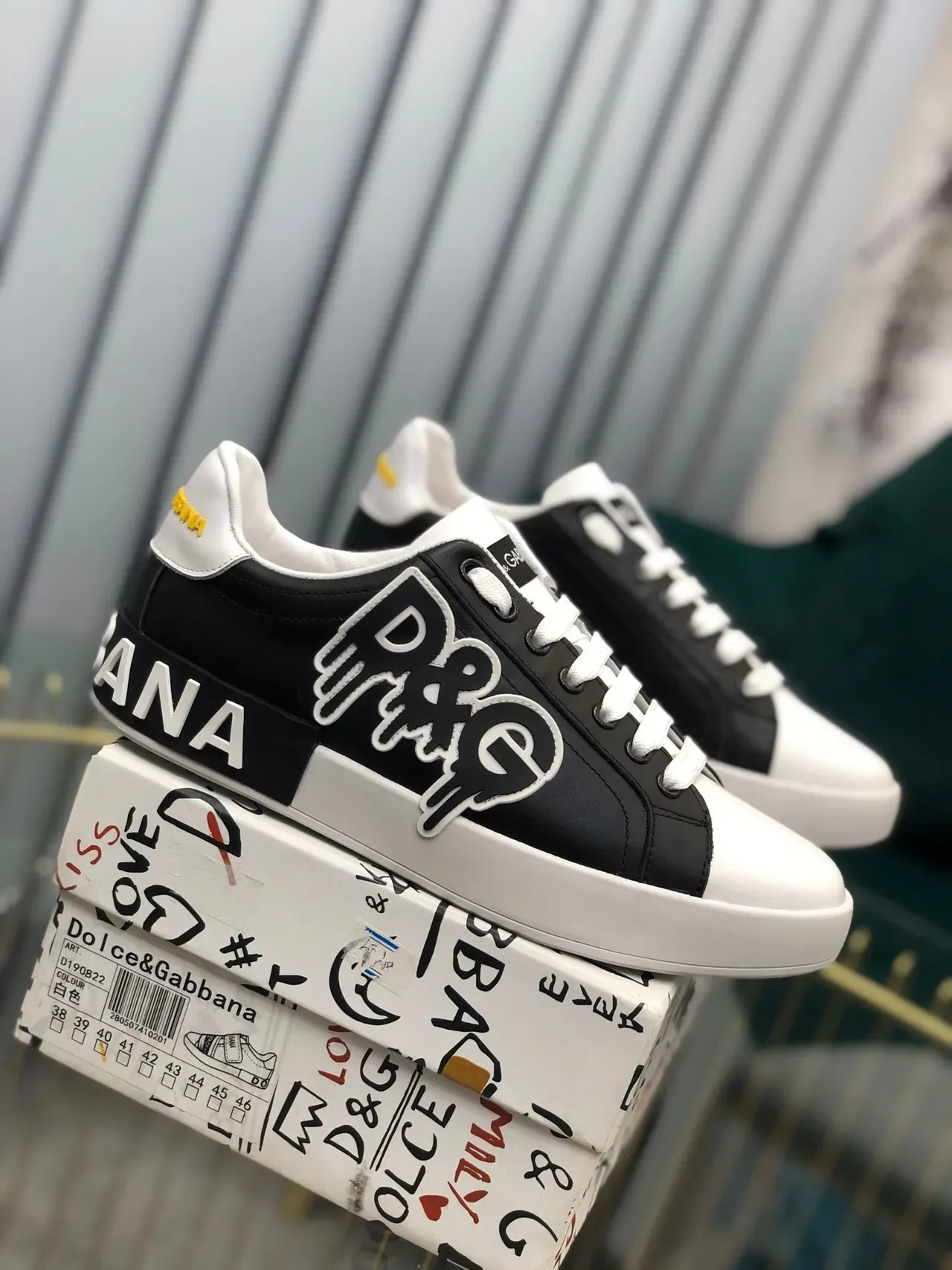 Dolce & Gabbana Portofino Black White Graphic Logo Appliqué Two-Tone Leather Upper Lifestyle Sneakers 7