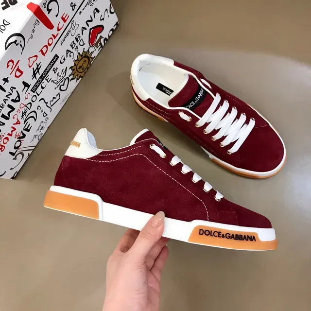 Dolce & Gabbana حذاء رياضي أسلوب حياة جلد مدبوغ أحمر برغندي أصفر برتقالي بخياطة بيضاء متباينة 6